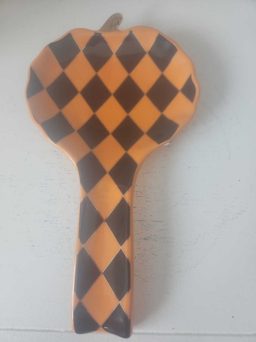 Orange and Black Harlequin Ceramic Spoon Rest With Gold Trim Pumpkin